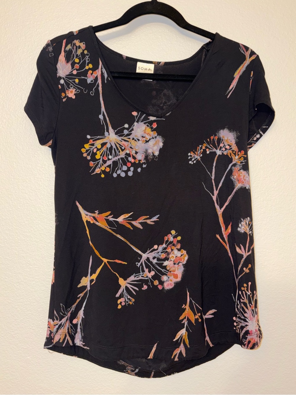 SOMA Black Floral Botanical Short Sleeve V-Neck Top XS